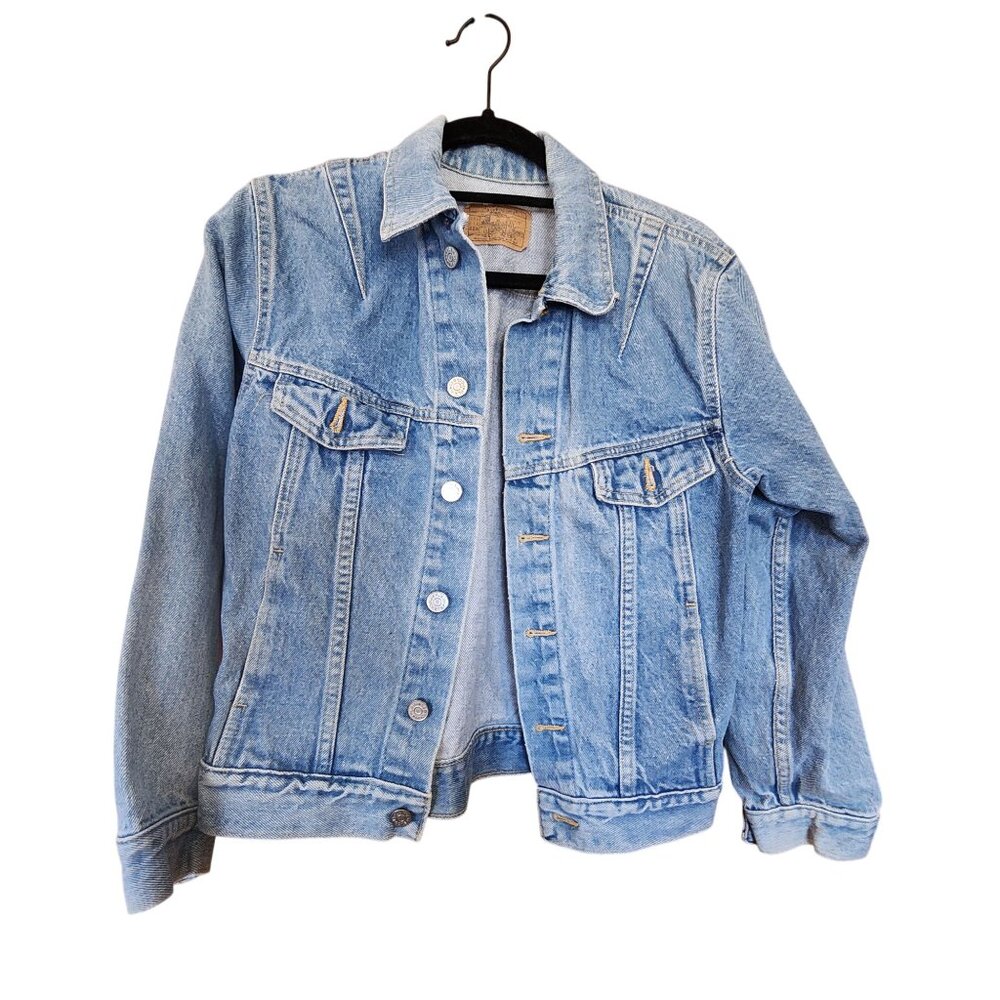 Vintage Plain Pockets Light Wash Denim Jacket With Button Front & Pockets Unisex